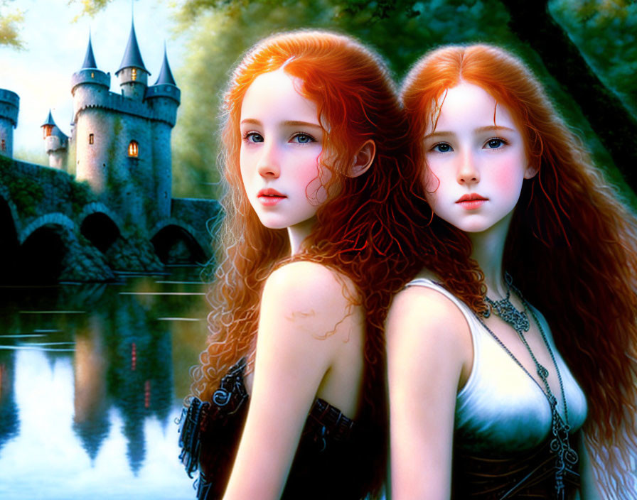 Identical red-haired women in medieval attire by castle with moat