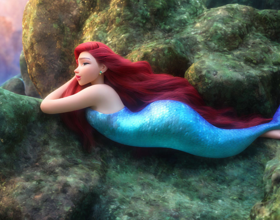 Bright Red-Haired Animated Mermaid Resting on Rock