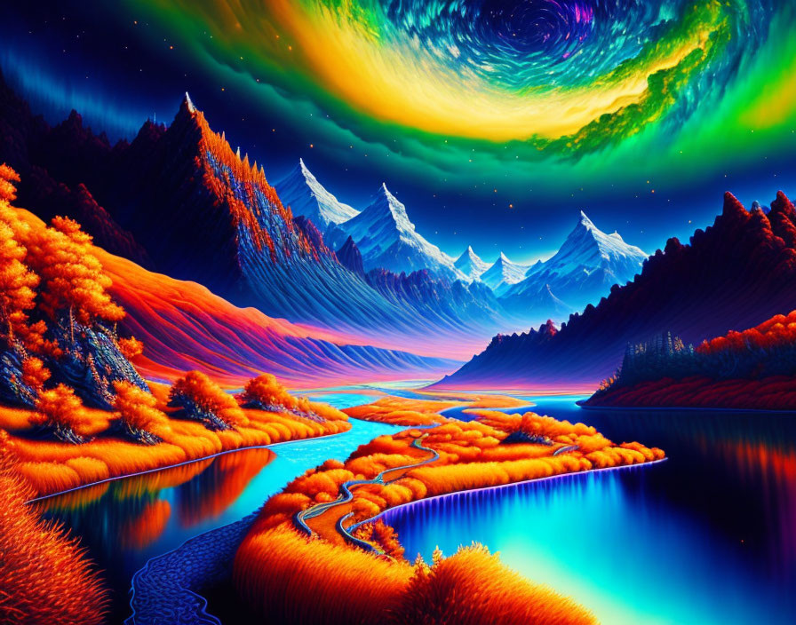 Vibrant surreal landscape with neon aurora, snow-capped mountains, river, and autumn trees