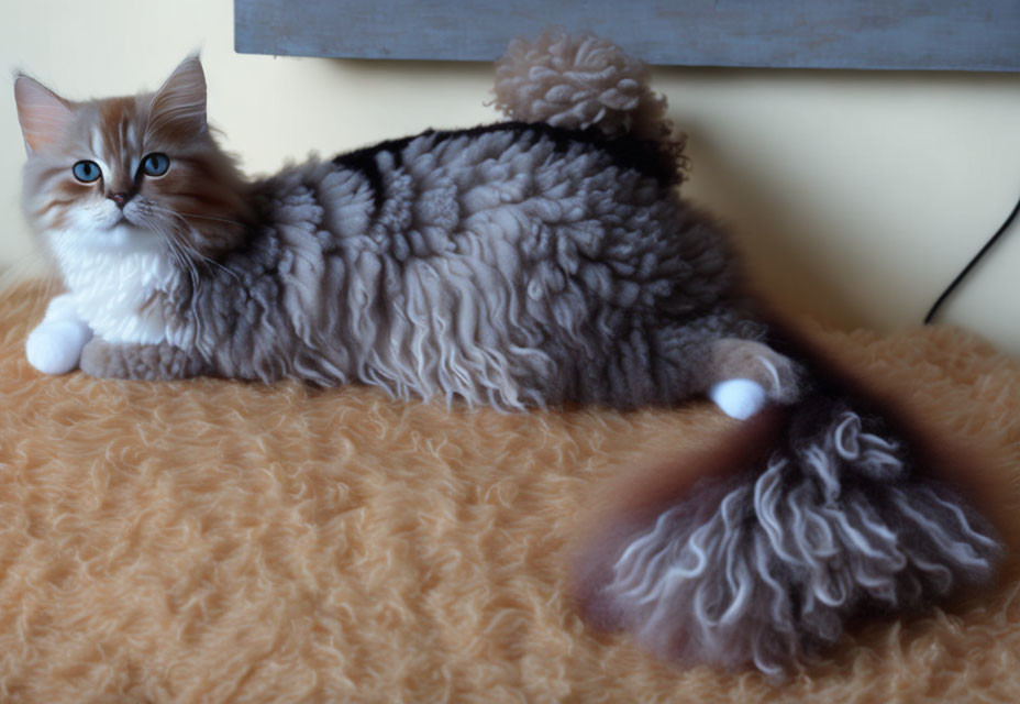 Blue-eyed fluffy cat with curled tail on beige surface, textured fur with waves.