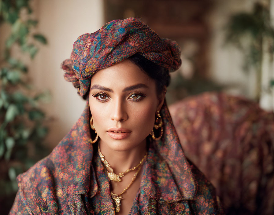 Colorful Headscarf and Traditional Jewelry on Woman Against Softly Blurred Background