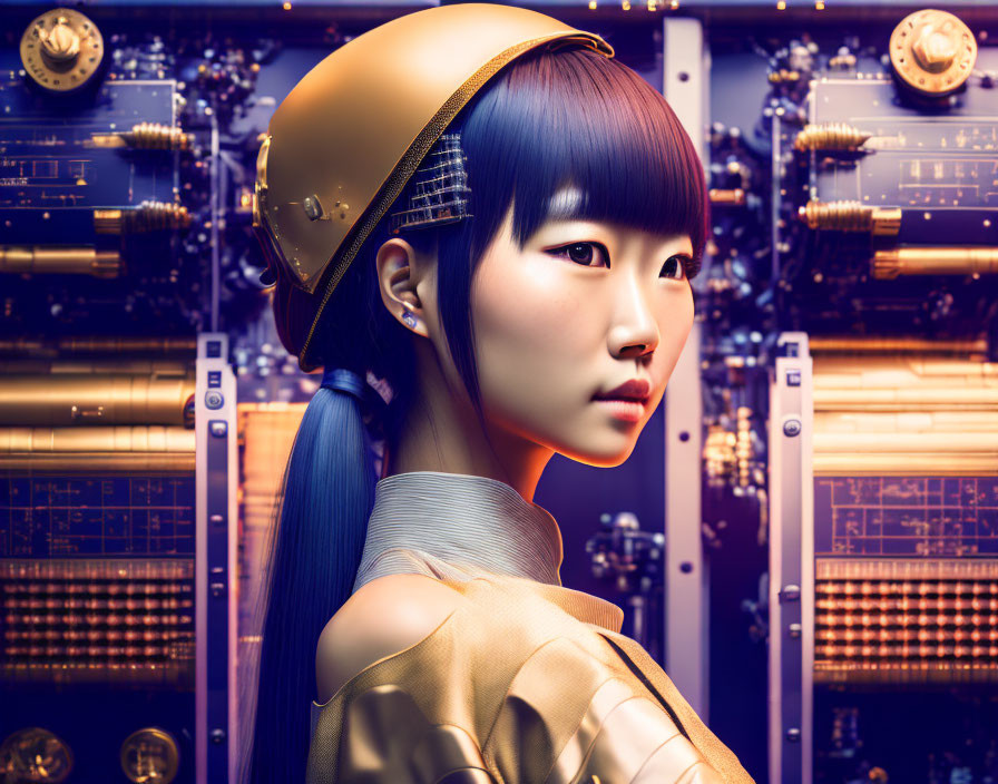 Profile view of futuristic woman with blue hair and golden cap against high-tech server racks with blue and orange