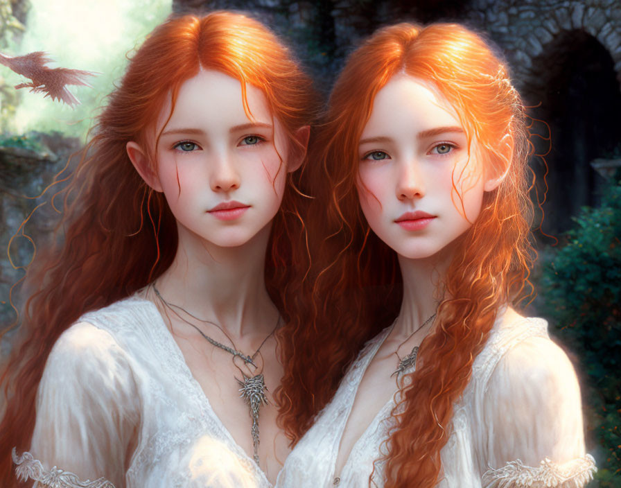 Twin sisters with red hair in white dresses in forest scene