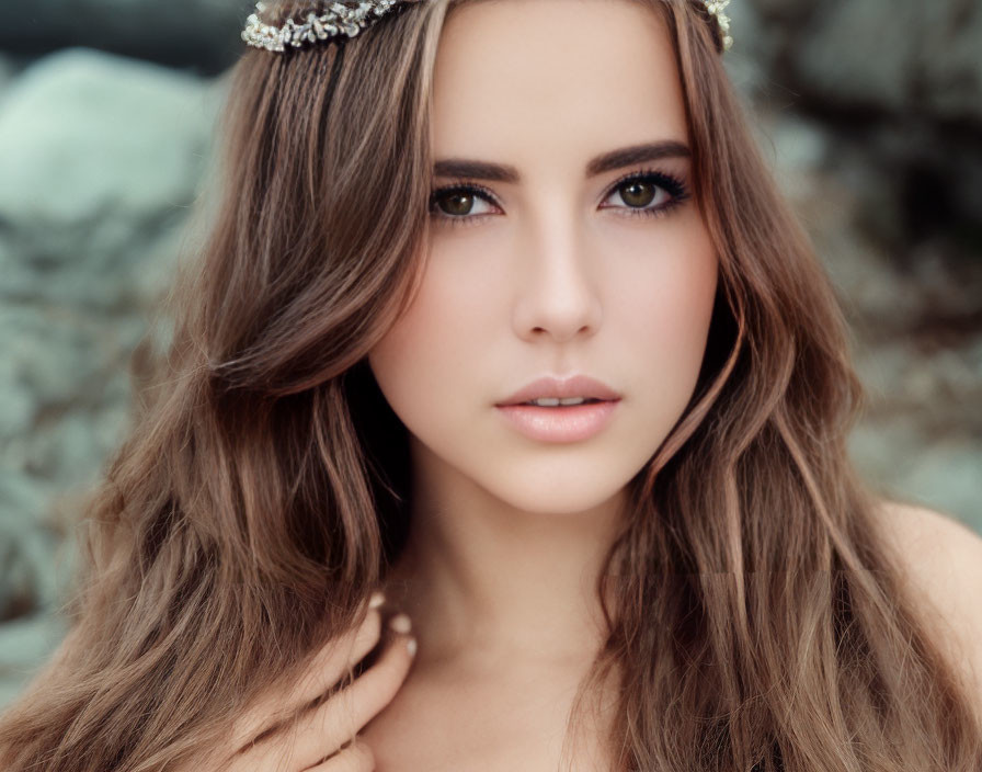 Young woman portrait with flowing brown hair and decorative headband.