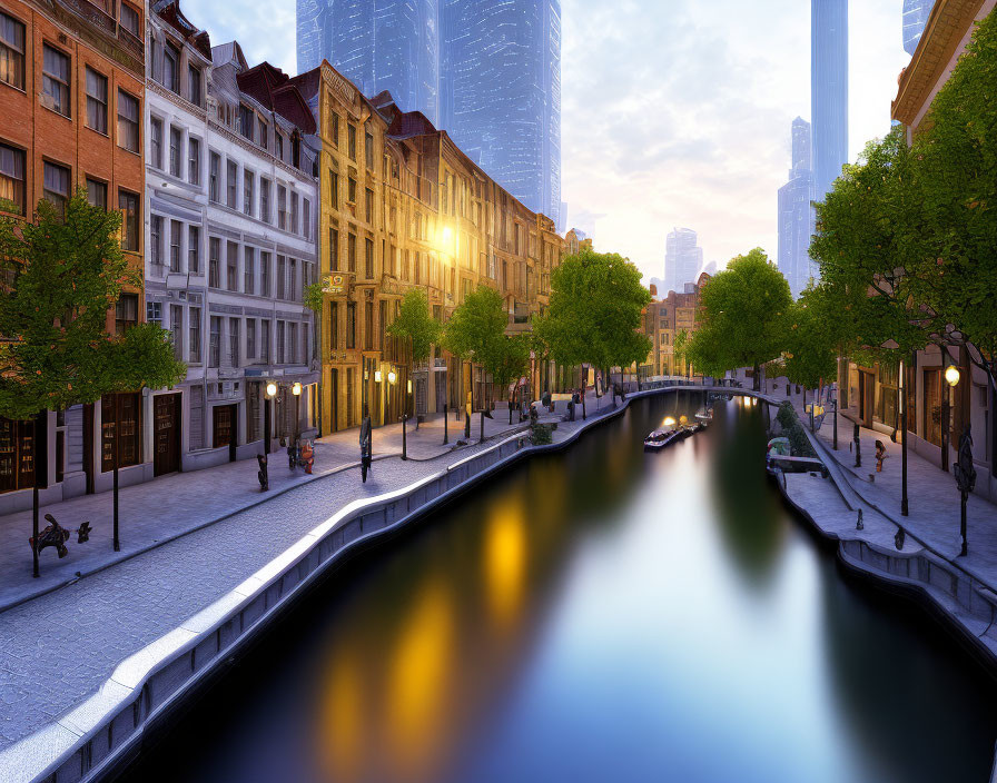 City street at sunset with historic buildings, canal, people walking, and tree-lined pathway