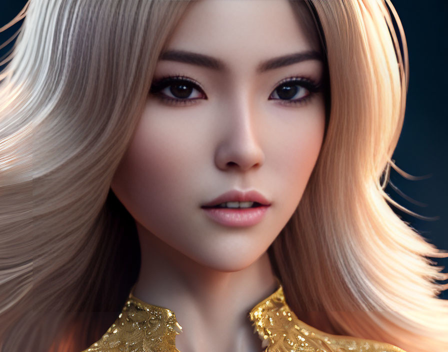 Blonde woman in gold-trimmed outfit: Striking close-up portrait