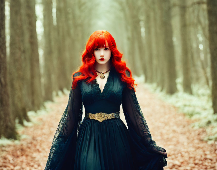 Vibrant red-haired woman in black dress on misty tree-lined path