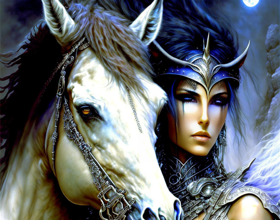 Fantasy-themed illustration of warrior woman with elaborate armor and white horse in mystical backdrop