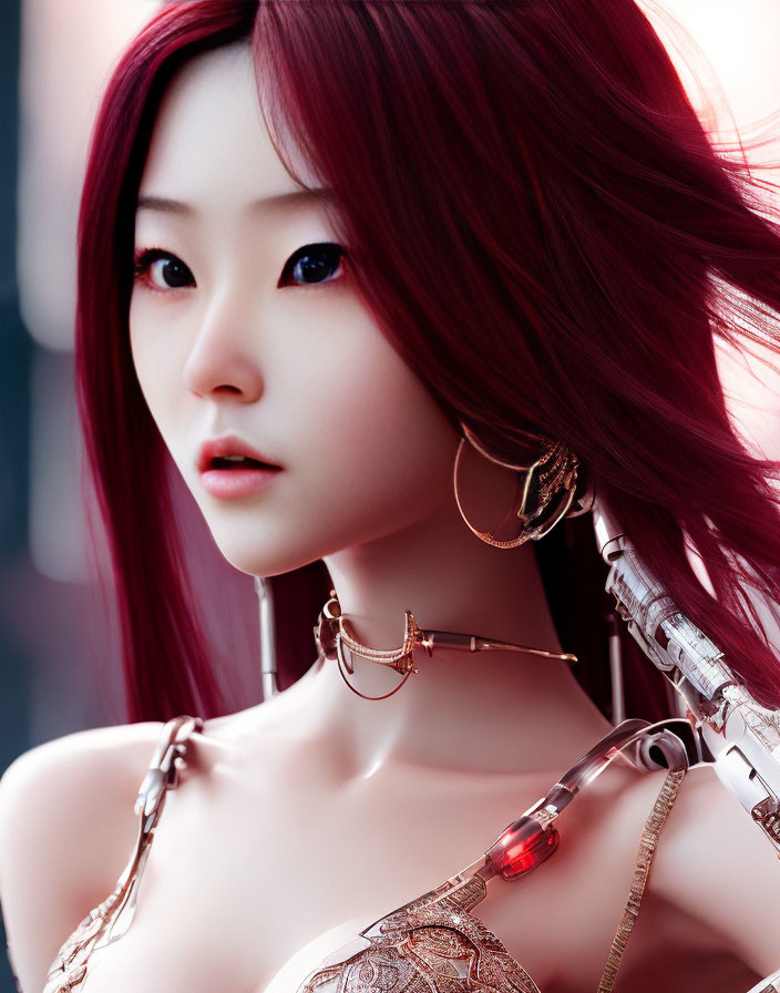 Female Cyborg Digital Artwork: Red Hair, Golden Mechanical Parts