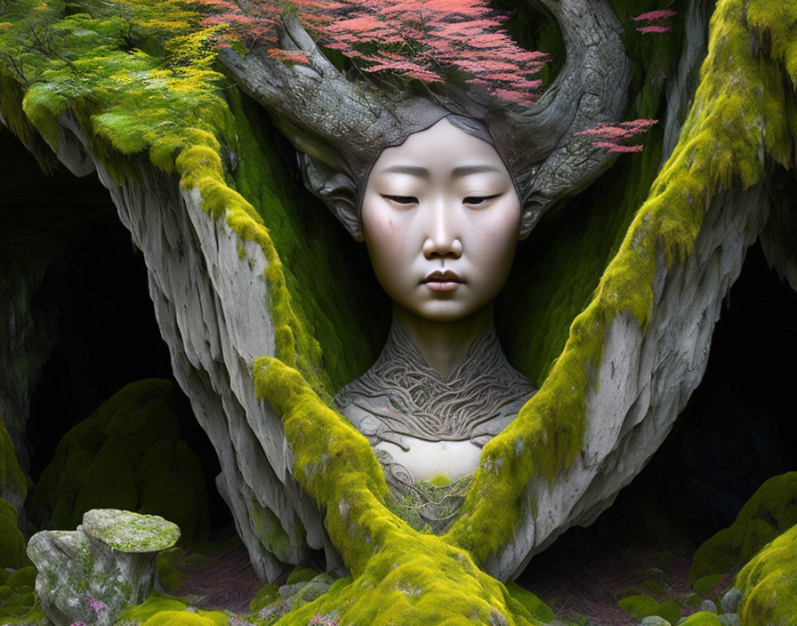 Ethereal image of human-like face in tree roots with moss and blossoms