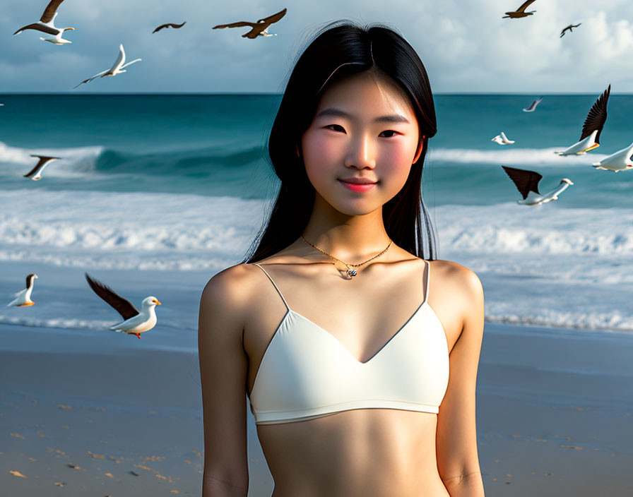 Smiling young woman on sunny beach with seagulls and waves