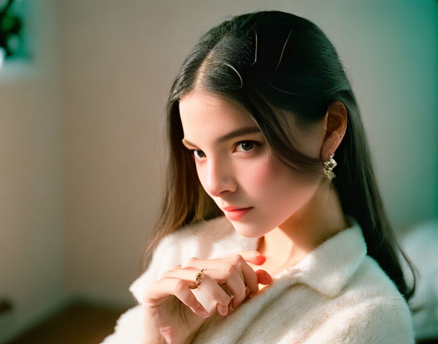 Dark-haired woman in white sweater under soft sunlight gaze.