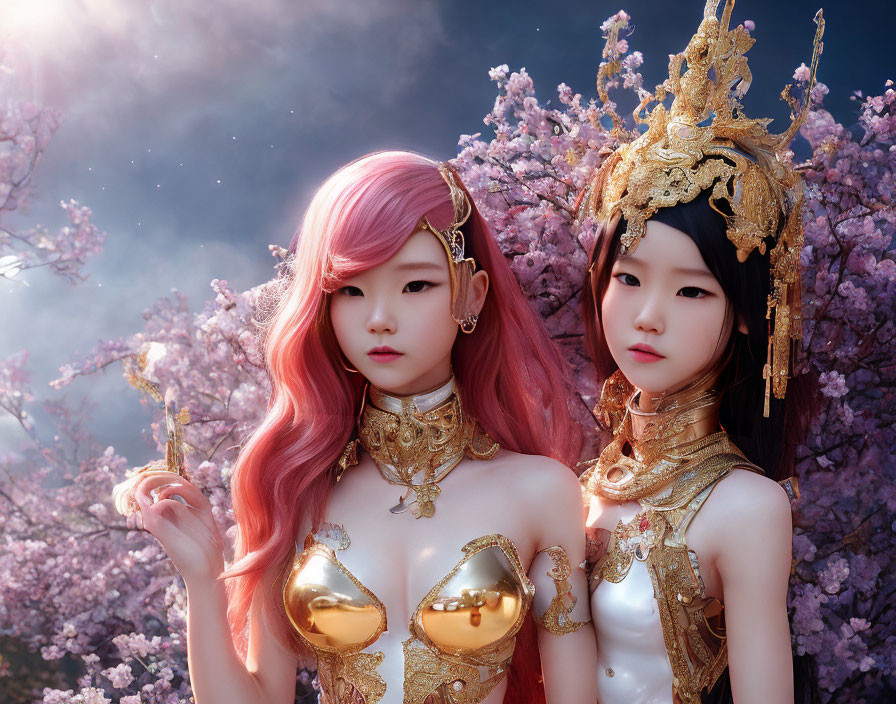 Stylized characters in golden headdresses among pink blossoming trees