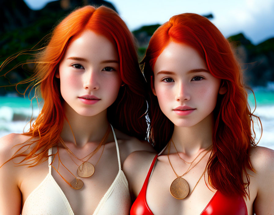 Two red-haired women in swimsuits and necklaces at beach.