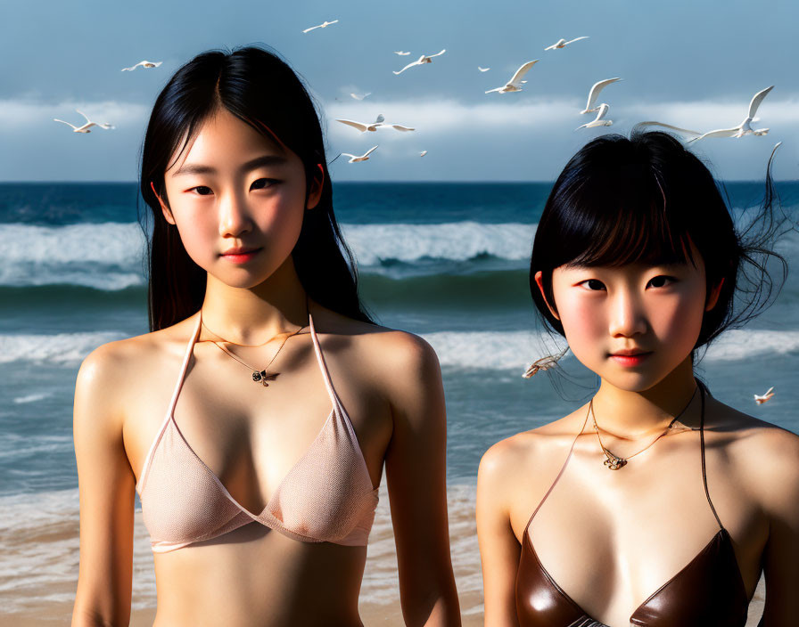 Beach scene with two people in swimsuits and seagulls flying overhead