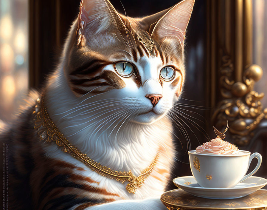 Elegant cat with gold jewelry next to teacup in sunlight