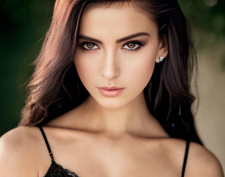 Portrait of Woman with Striking Brown Eyes and Dark Hair in Black Outfit