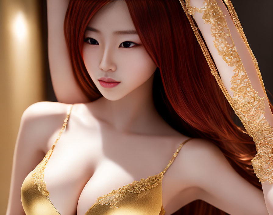 Digital artwork featuring woman with red hair in golden lace outfit