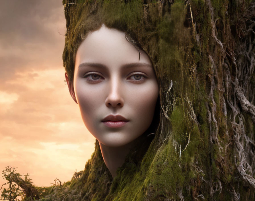 Surreal image: woman's face blends with moss-covered tree trunk