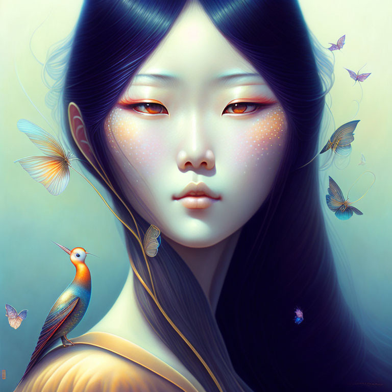 Illustration of Woman with Black Hair, Orange Eyes, Freckles, Bird, and Butterflies