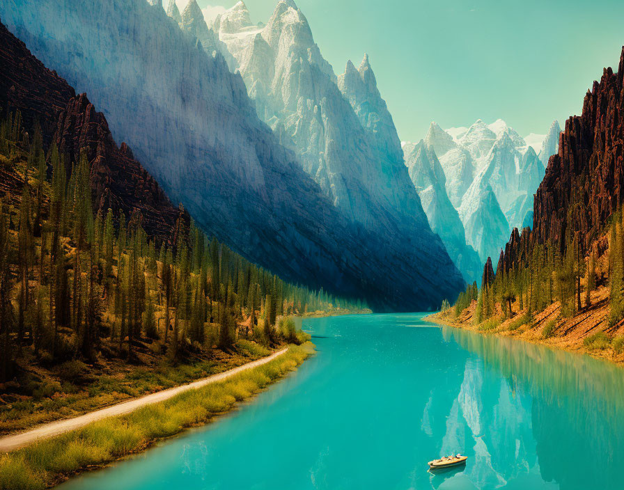 Blue River Winds Through Pine-Covered Valley with Foggy Peaks