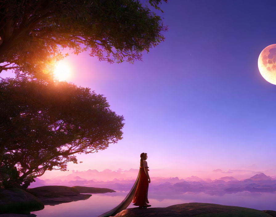 Person in Red Cloak Stands Under Tree on Cliff at Sunset