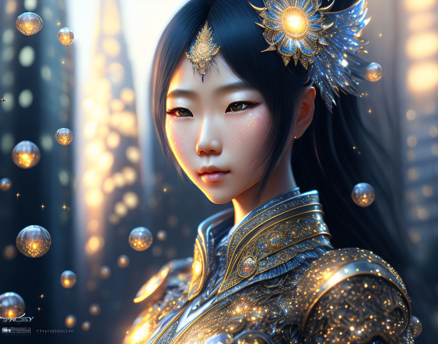 Digital Artwork: Woman in Golden Armor with Glowing Orbs in Urban Setting