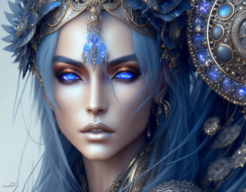 Fantasy character with blue skin and gold headgear