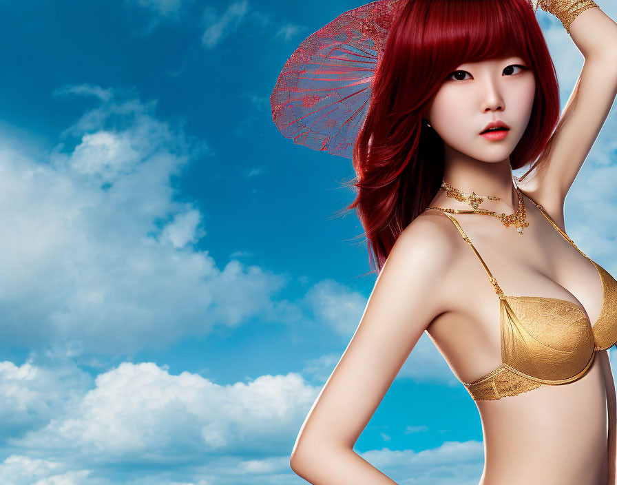 Digital Artwork: Woman with Red Hair in Gold Bikini Holding Fan under Blue Sky