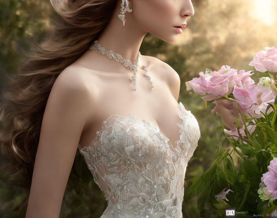 Woman in Lace Gown with Sparkling Necklace and Pink Roses on Glowing Background