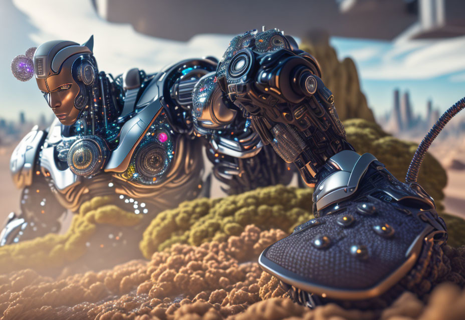 Futuristic robotic cheetah on alien terrain with glowing elements