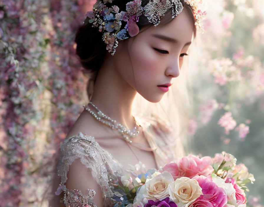 Bridal makeup woman with headpiece and bouquet in serene pose