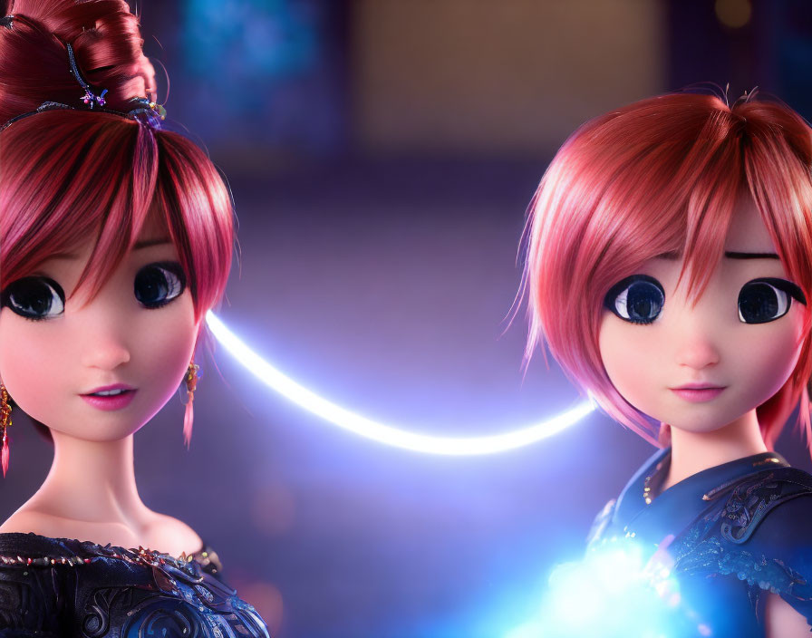 Two red-haired animated characters with distinct hairstyles against a bokeh background with a blue glowing orb.