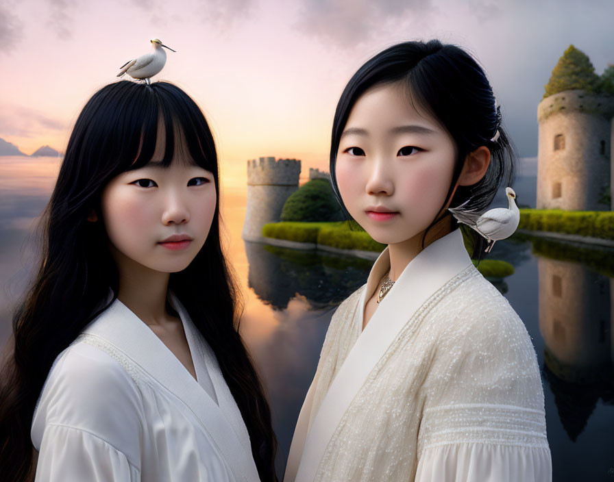 Two girls in white outfits with birds, a castle, and sunset by a serene lake