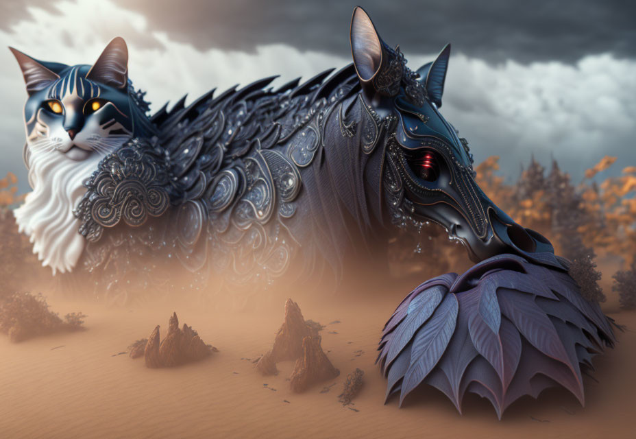 Fantastical Cat-Headed Dragon in Stormy Desert Setting