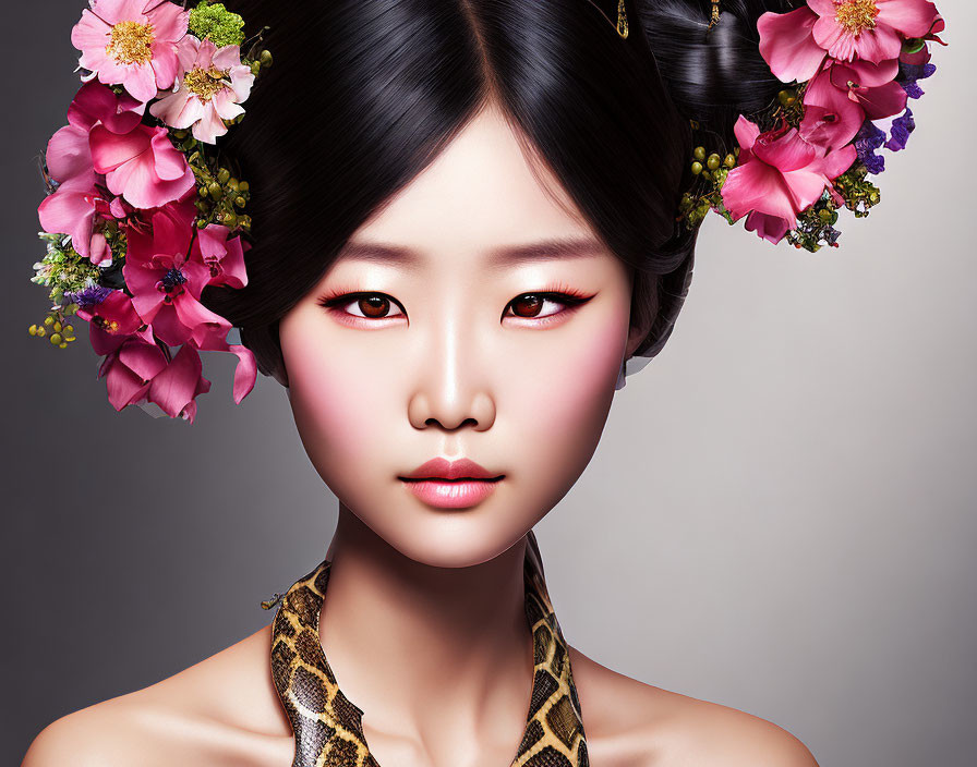 Woman with Floral Hairpiece and Red Eyeshadow Poses Serenely