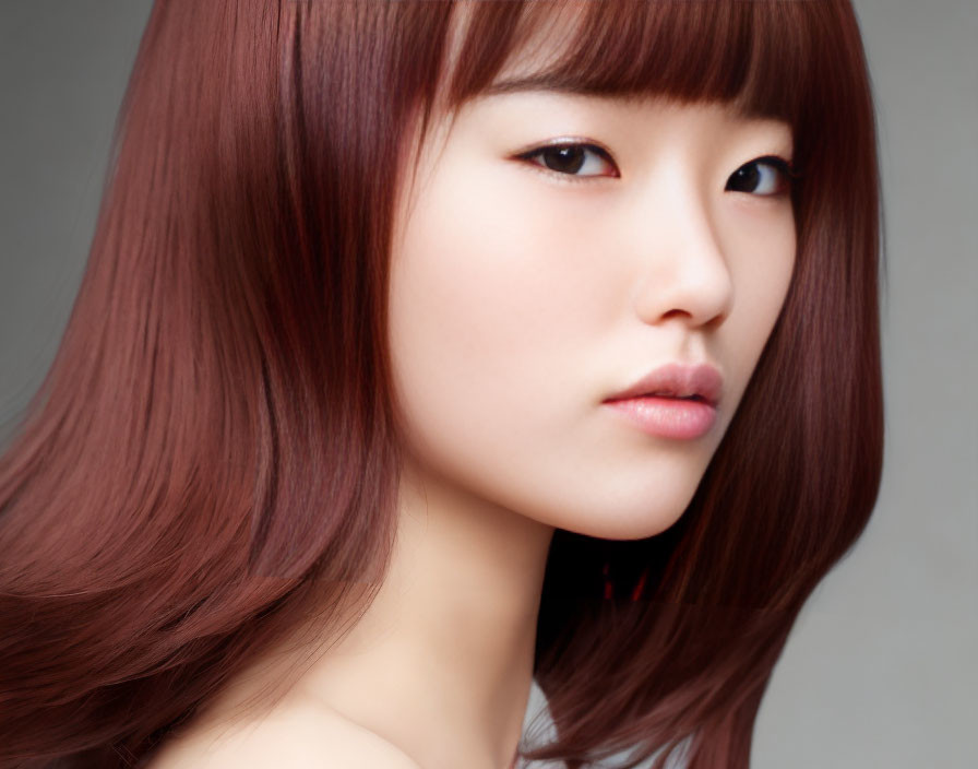 Close-Up Portrait of Woman with Brown Hair and Subtle Makeup on Gray Background