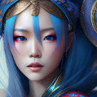 Fantasy character with blue skin and gold headgear