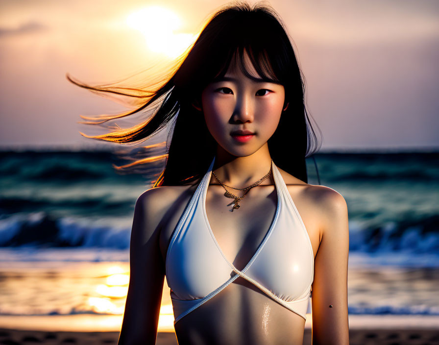 Woman in white swimsuit on beach at sunset with ocean background