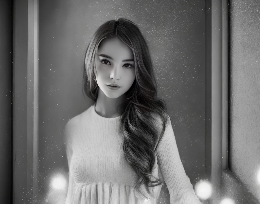 Monochrome portrait of young woman with long hair in sweater, surrounded by bokeh lights