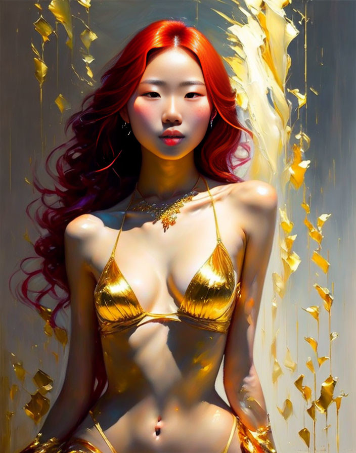 Red-haired woman in golden attire with floating gold fragments backdrop