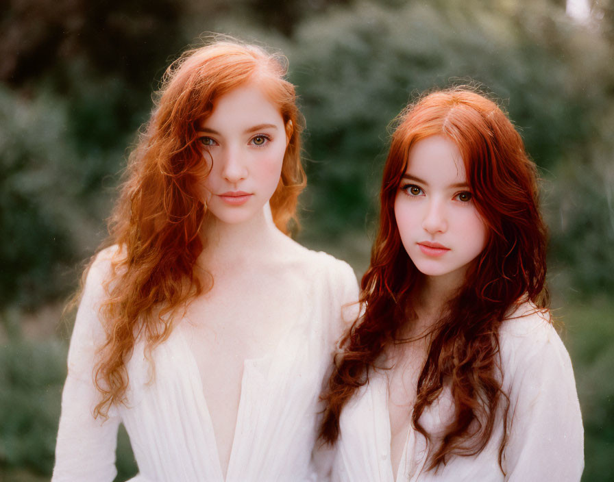 Two Women with Long Red Hair in White Dresses Standing Together