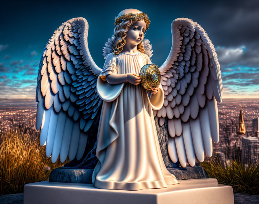 Angel statue with spread wings and shield against city skyline at sunset