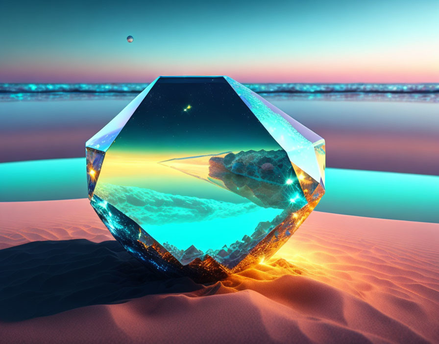 Crystal with cosmic landscape on desert sand under twilight sky