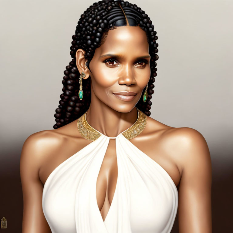 Digital portrait of woman with braided hair and jewelry wearing white halter-neck garment