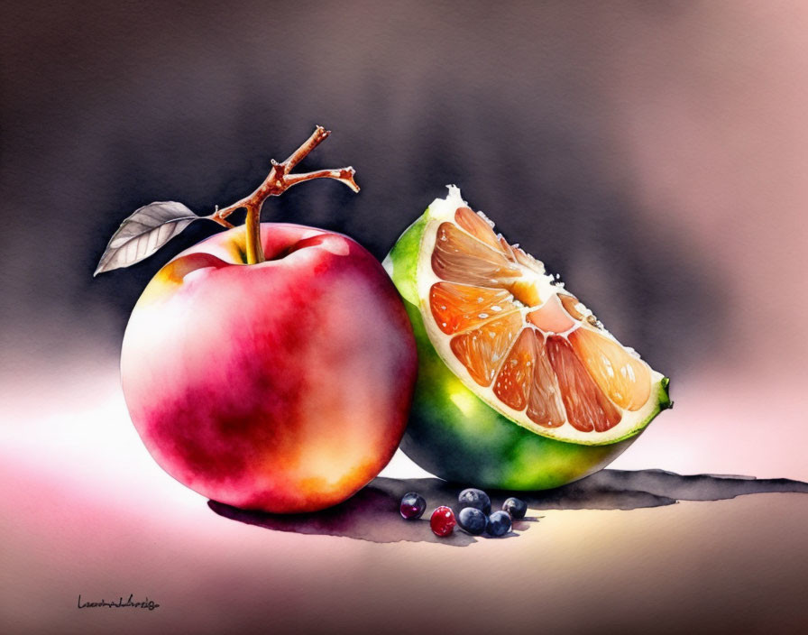 Colorful watercolor still life of fruits on shadowed surface