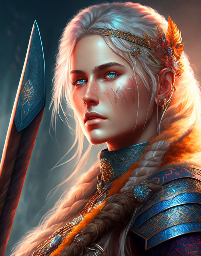 Fantasy illustration of woman in white hair and blue eyes with spear