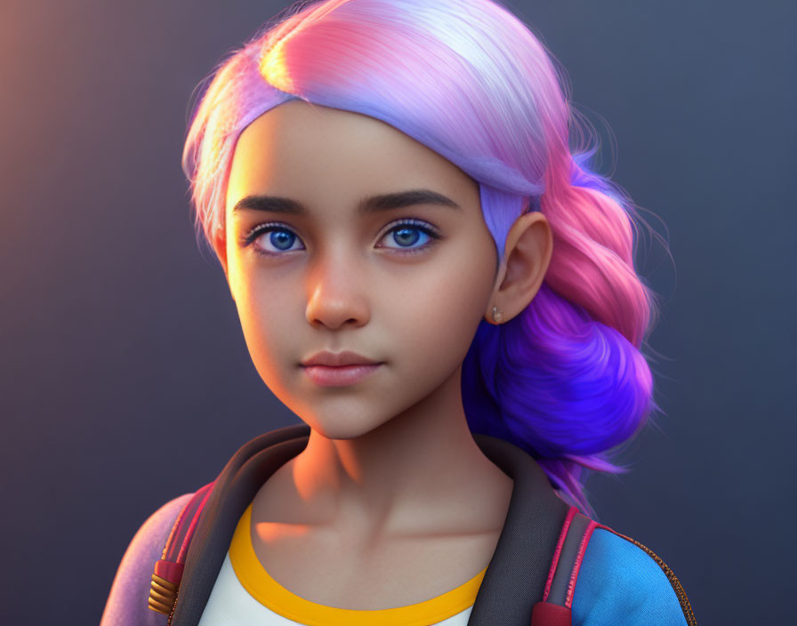 3D rendered image of young girl with pastel pink and blue hair