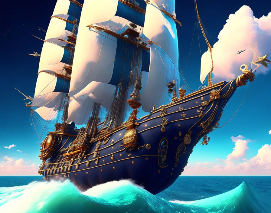 Majestic sailing ship with ornate golden details on ocean waves