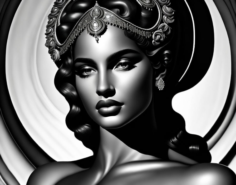 Monochrome stylized woman with vintage hairstyle and ornate jewelry.